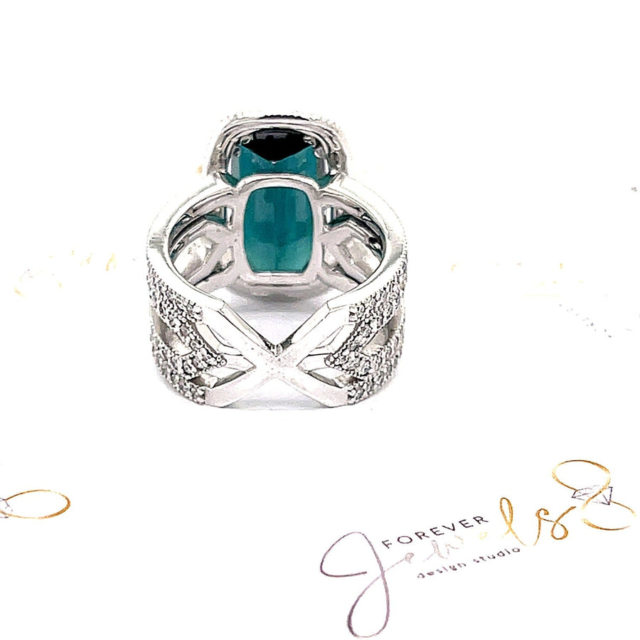 Blue Indicolite Tourmaline and Diamond halo Ring - ForeverJewels Design Studio 8