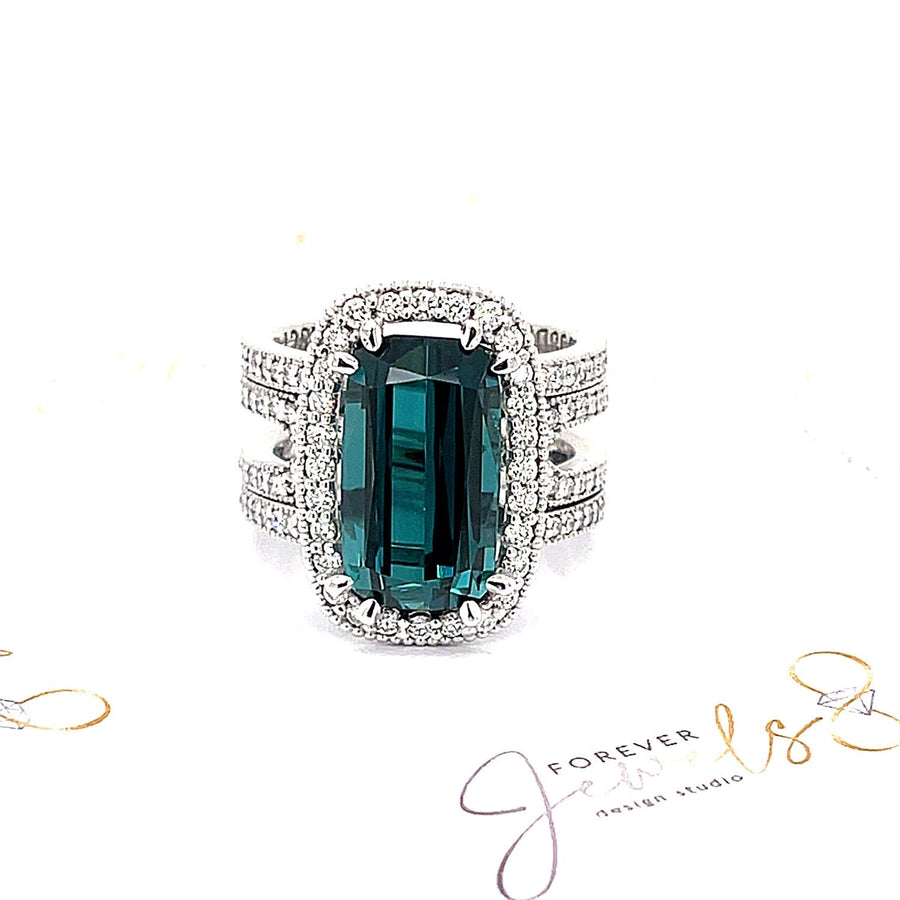 Blue Indicolite Tourmaline and Diamond halo Ring - ForeverJewels Design Studio 8