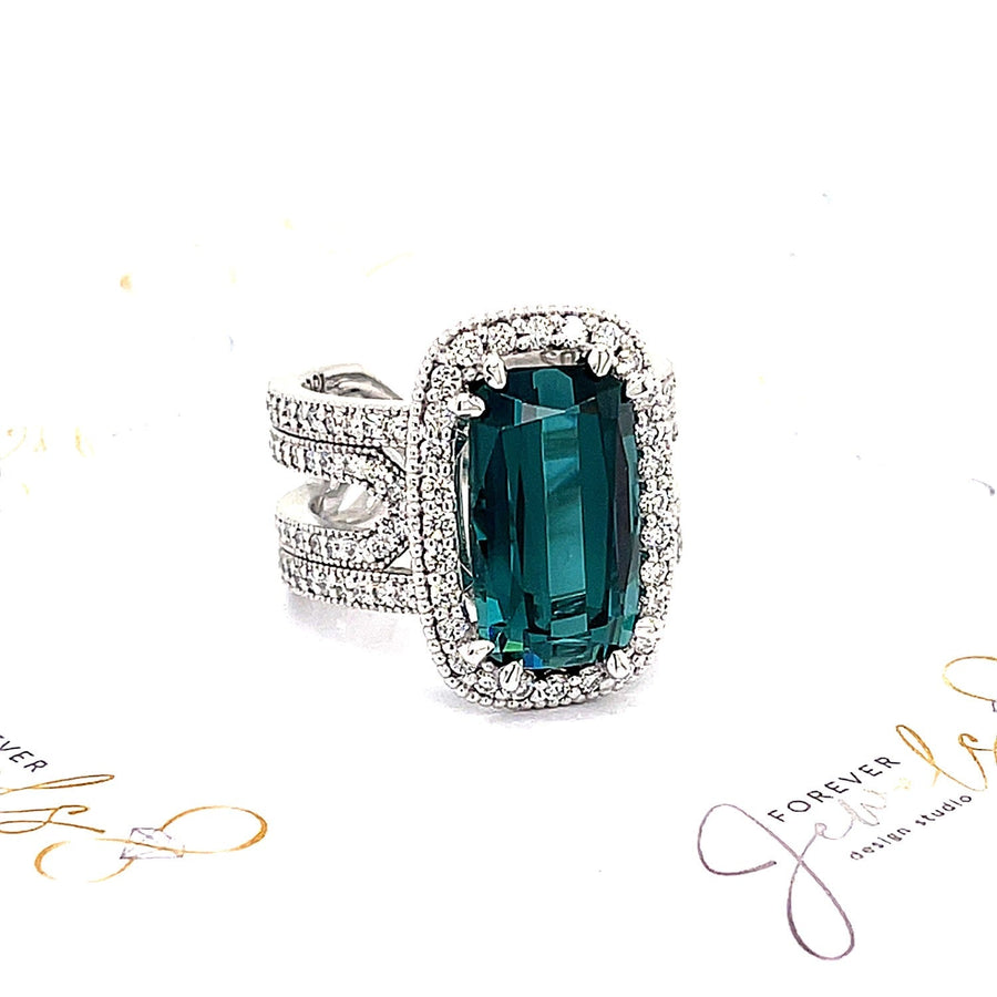 Blue Indicolite Tourmaline and Diamond halo Ring - ForeverJewels Design Studio 8