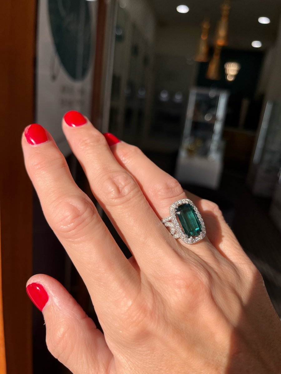 Blue Indicolite Tourmaline and Diamond halo Ring - ForeverJewels Design Studio 8