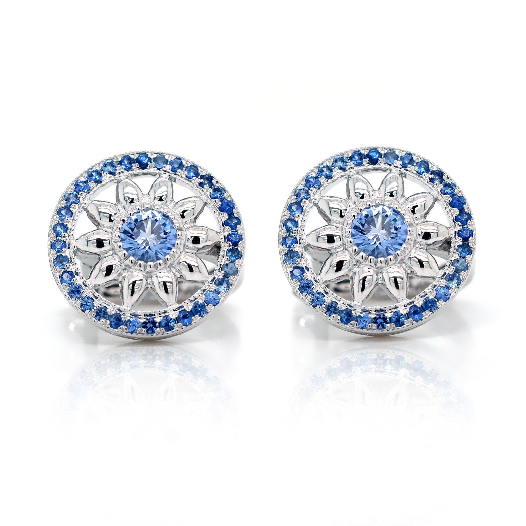 Blue Sapphire Flower Studs in White Gold - ForeverJewels Design Studio 8