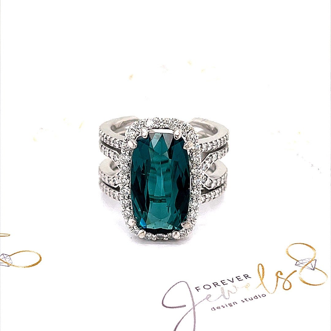 Blue Tourmaline and Diamond Halo Ring - ForeverJewels Design Studio 8