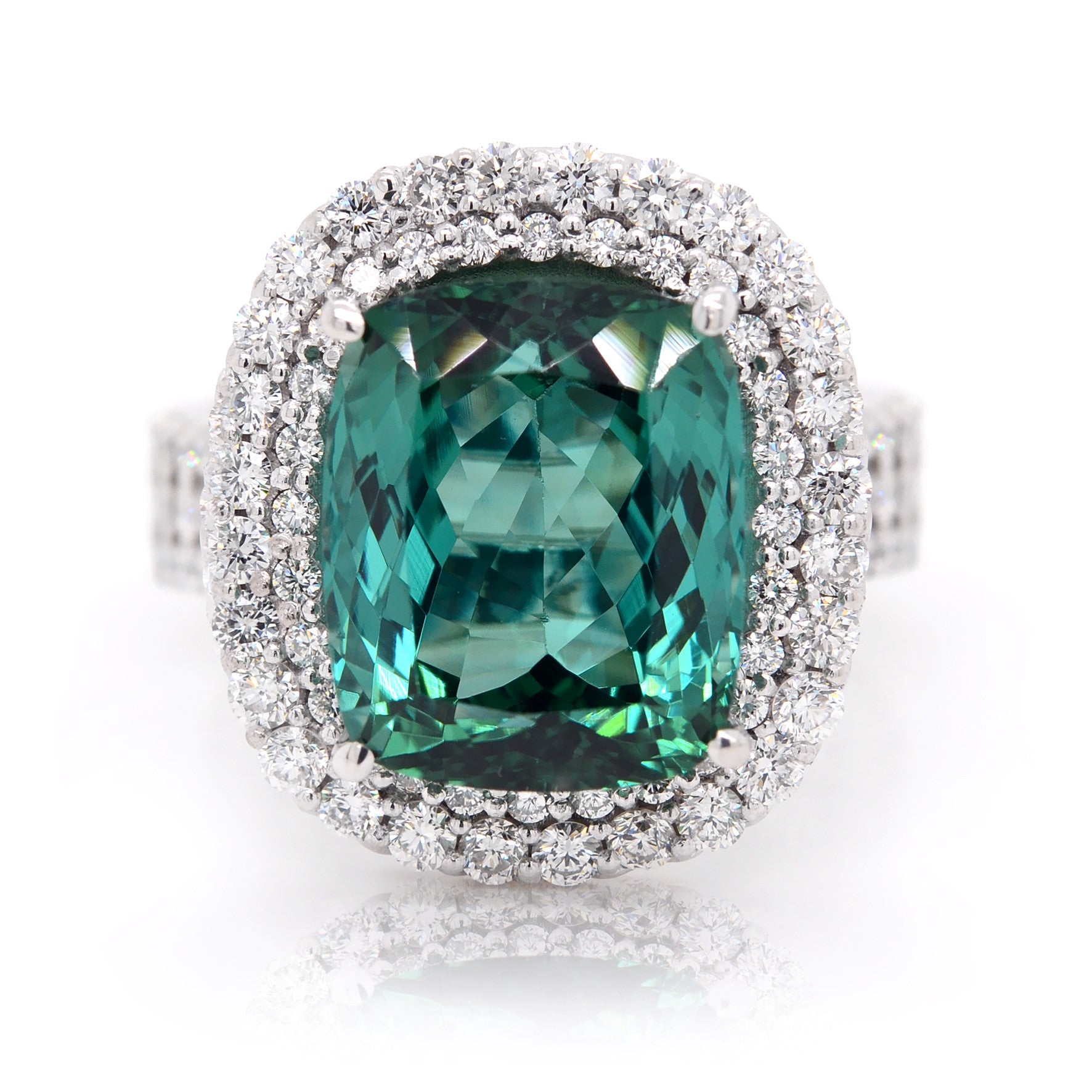 Cushion Cut Green Tourmaline Dress Ring with a Double Halo of Diamonds - ForeverJewels Design Studio 8