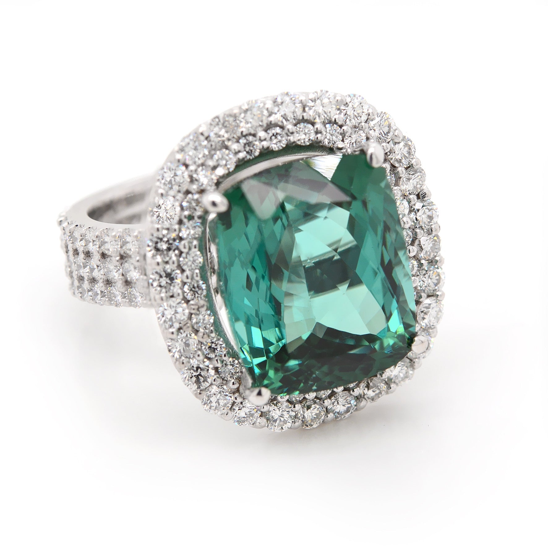 Cushion Cut Green Tourmaline Dress Ring with a Double Halo of Diamonds - ForeverJewels Design Studio 8