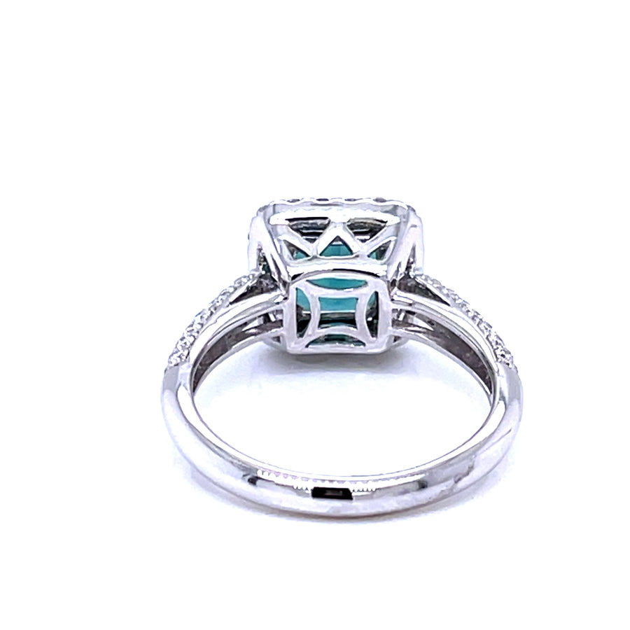 Indicolite Tourmaline and Diamond halo Ring