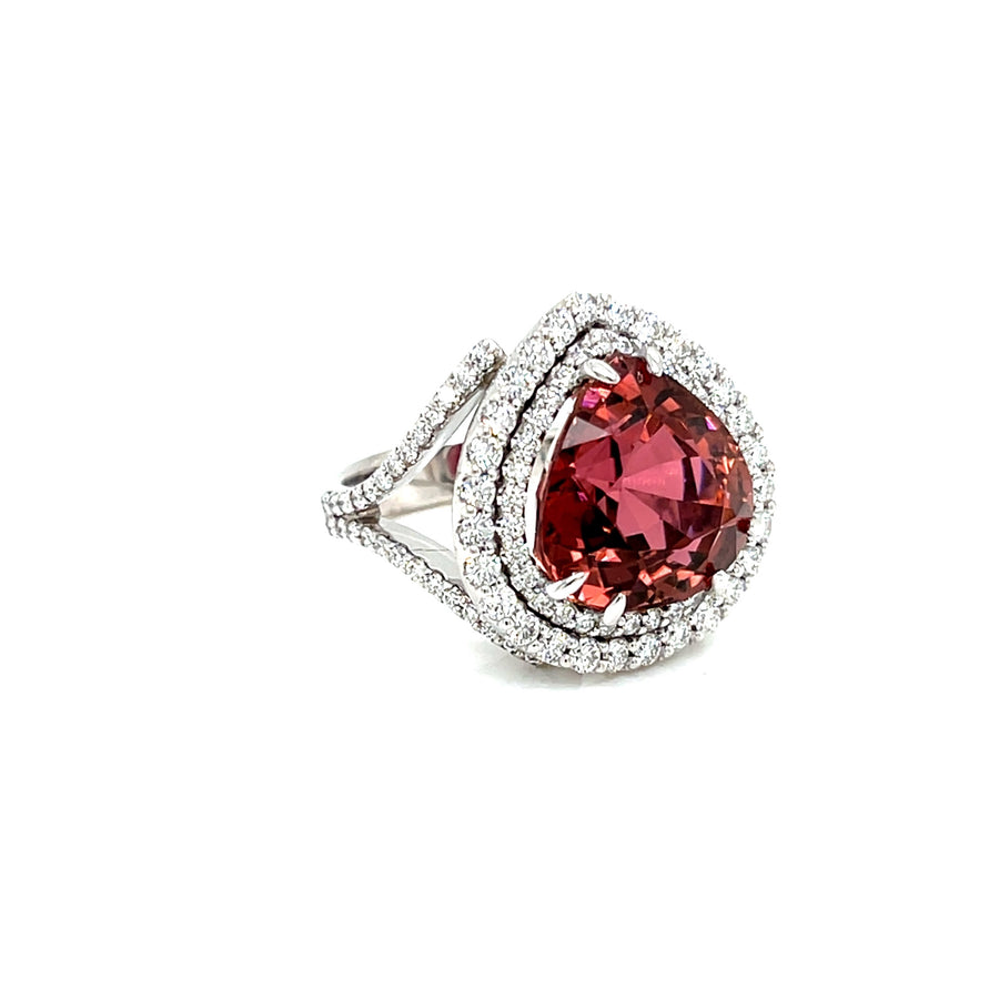 Heart Pink Tourmaline and Double Diamond Halo Ring