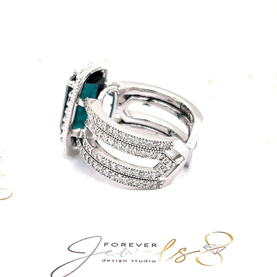 Blue Indicolite Tourmaline and Diamond halo Ring