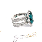Blue Indicolite Tourmaline and Diamond halo Ring