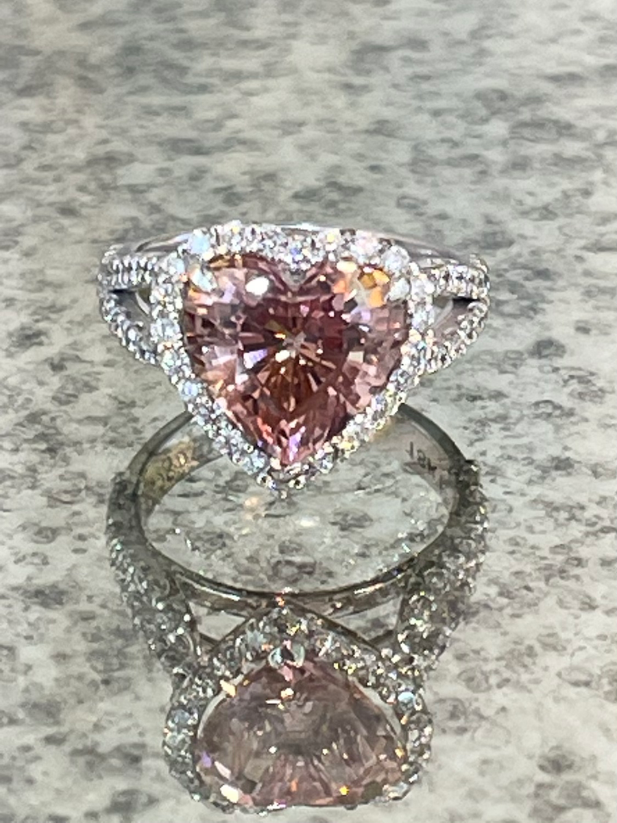 Heart Shaped Pink Tourmaline and Diamond Halo Ring