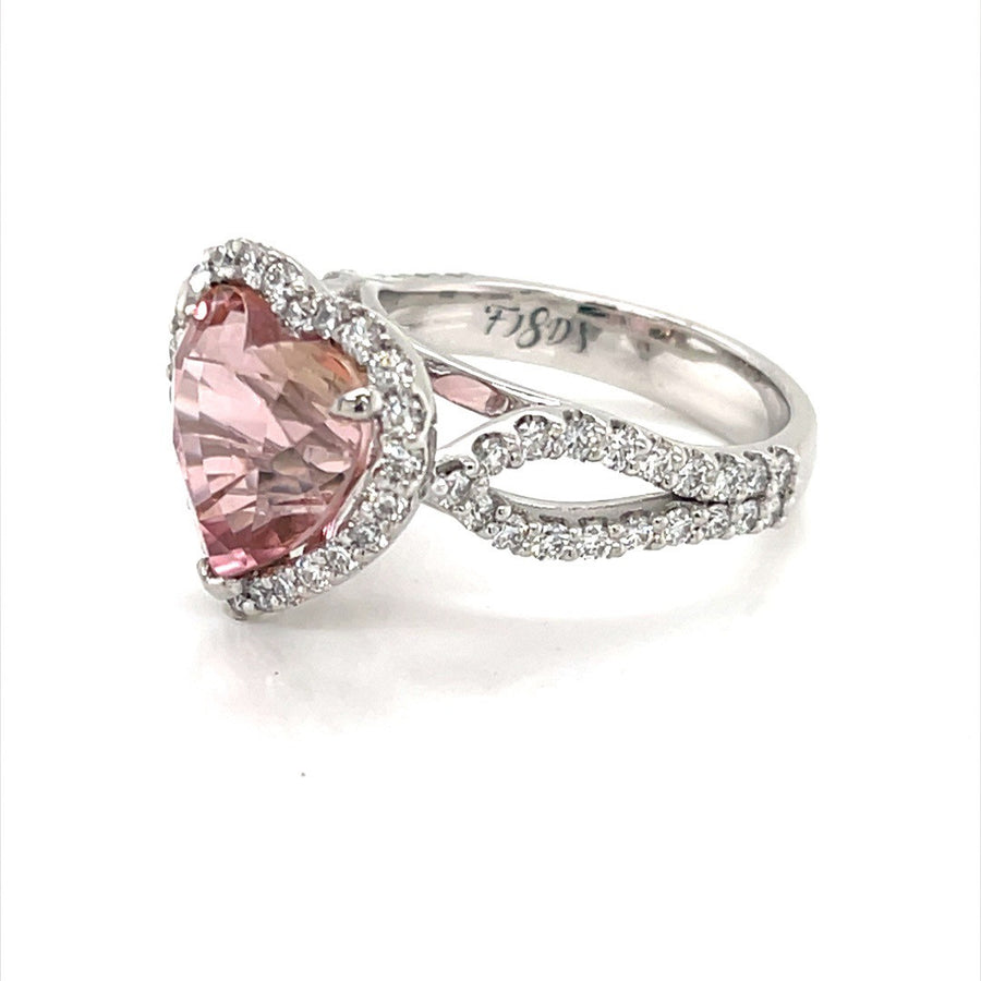 Heart Shaped Pink Tourmaline and Diamond Halo Ring