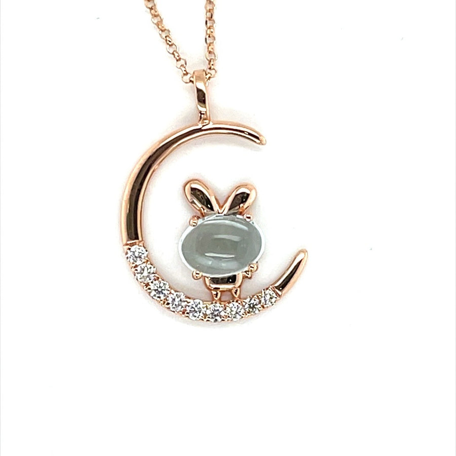Rabbit on the Moon Aquamarine and Diamond Rose Gold Necklace