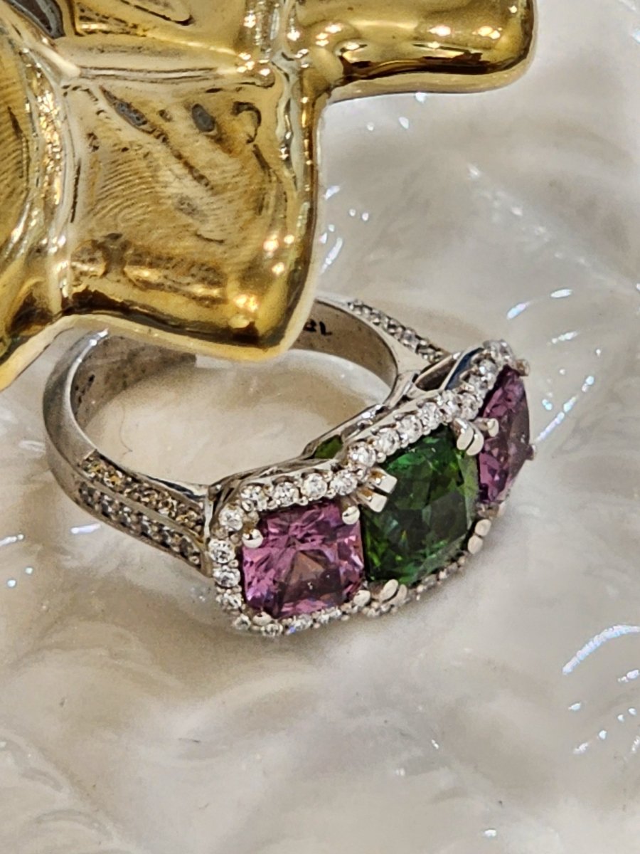 Green tourmaline and Violet spinel Trilogy Diamond Halo ring - ForeverJewels Design Studio 8