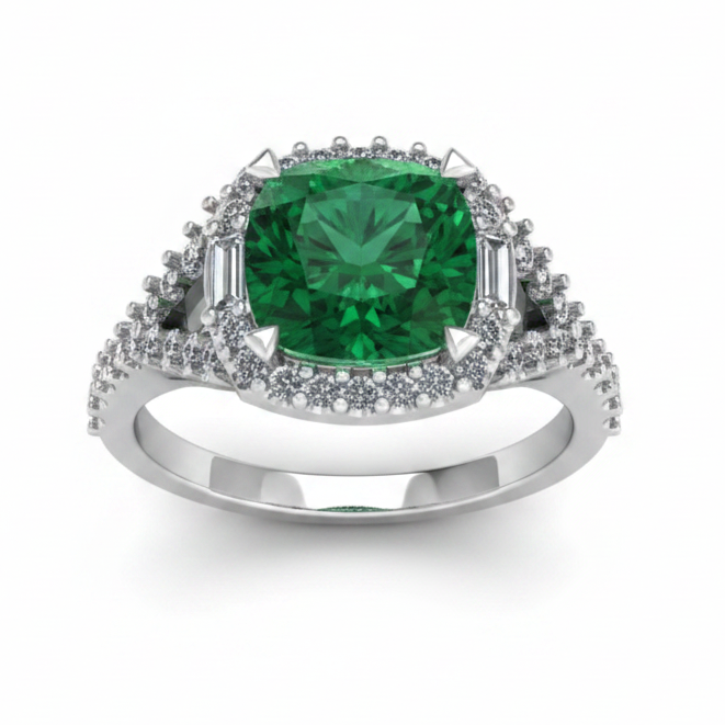 Green tourmaline and diamond halo with a split diamond set shank