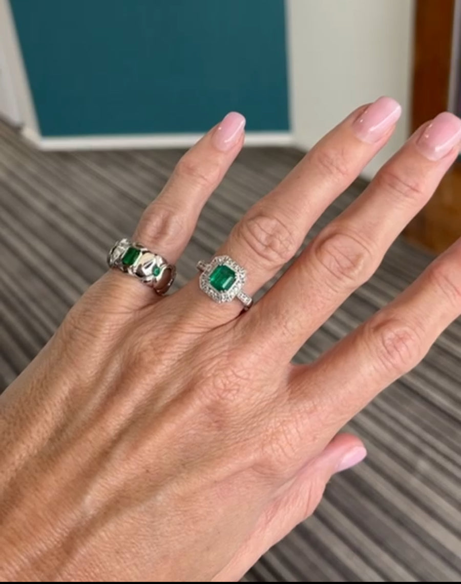 Emerald diamond halo ring