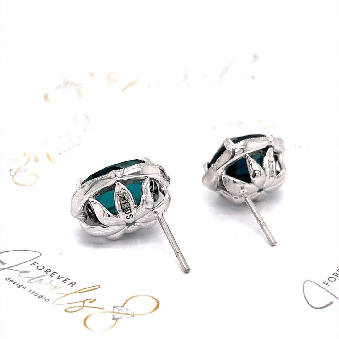 Indicolite Tourmaline and Diamond Halo Stud Earrings - ForeverJewels Design Studio 8