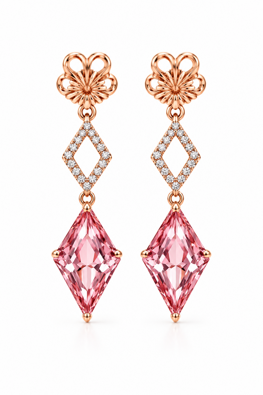 Kite shaped Pink Morganite and Diamond Earrings