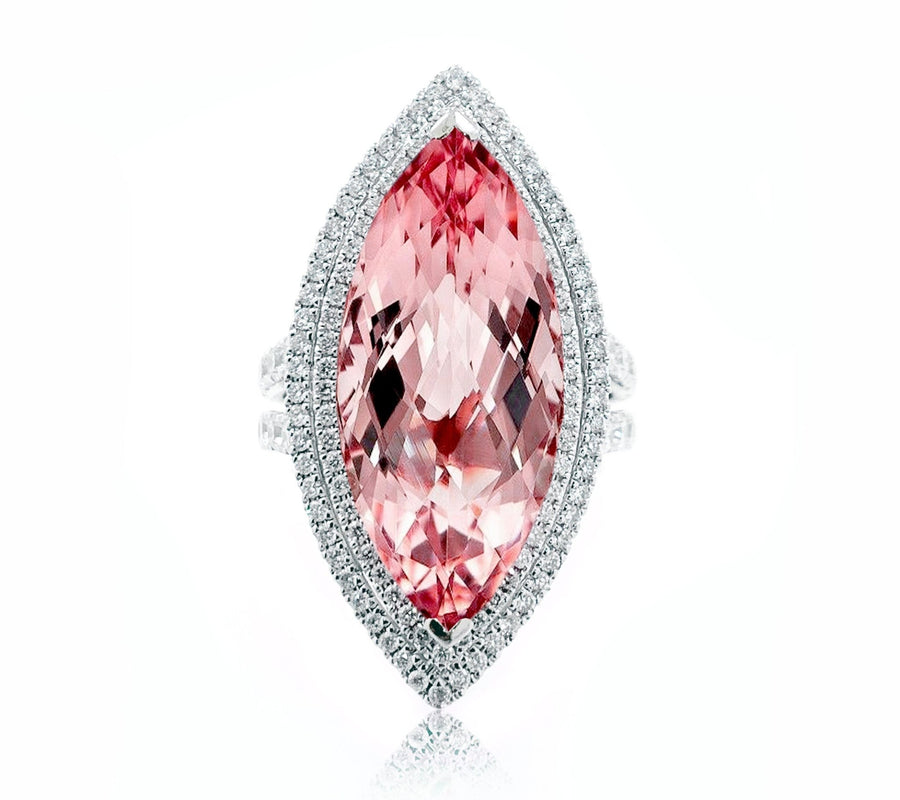 Marquise Morganite Ring with a Double Diamond Halo - ForeverJewels Design Studio 8