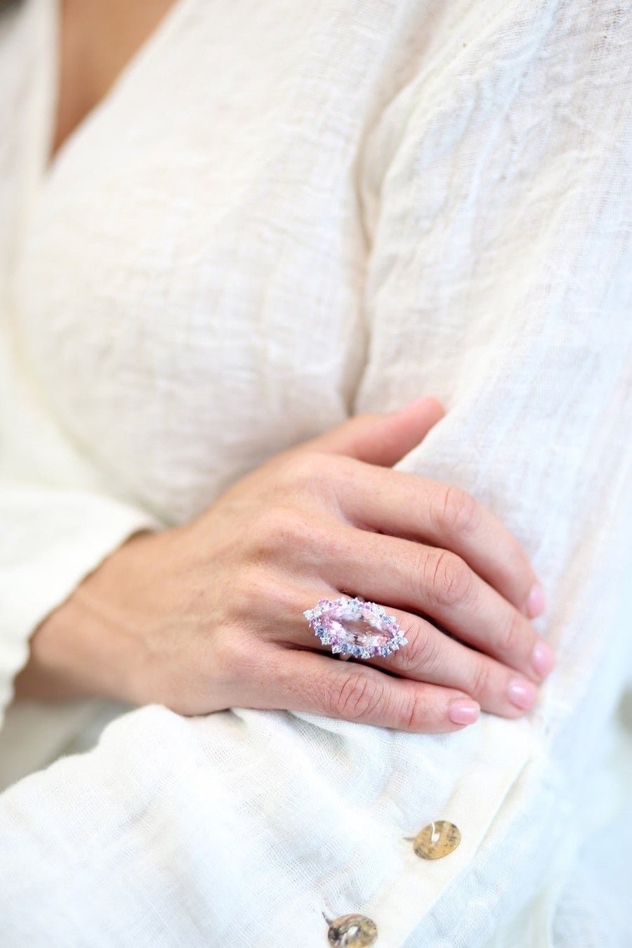 Marquise Morganite Ring with Sapphires and Diamonds - ForeverJewels Design Studio 8