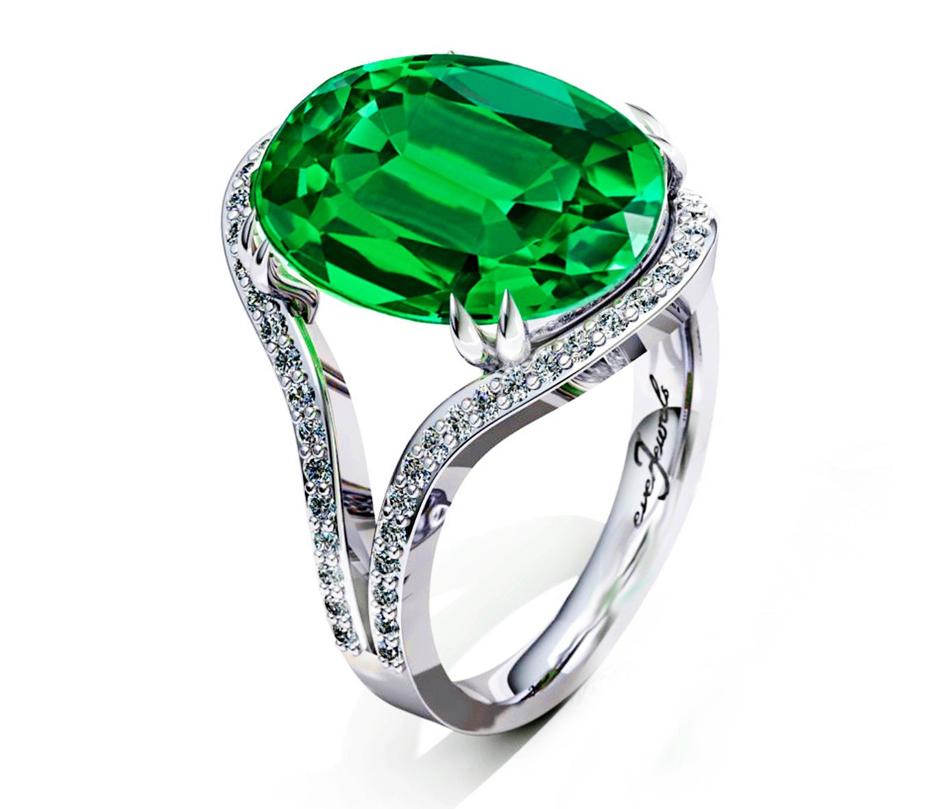 Oval Emerald Dress Ring with a Split Diamond Shank - ForeverJewels Design Studio 8