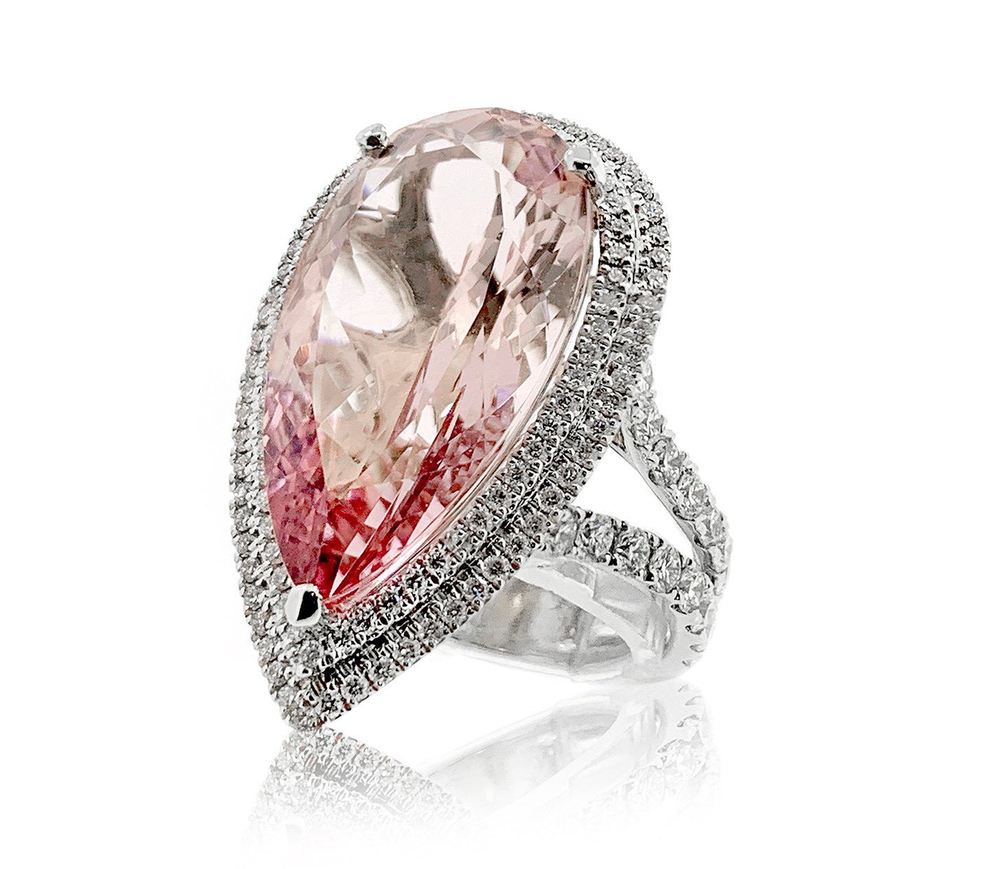 Pink Pear Cut Morganite Ring with a Double Diamond Halo - ForeverJewels Design Studio 8