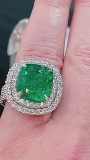 9.63 ct Green Emerald and Double Diamond Halo Ring