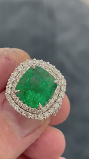 9.63 ct Green Emerald and Double Diamond Halo Ring