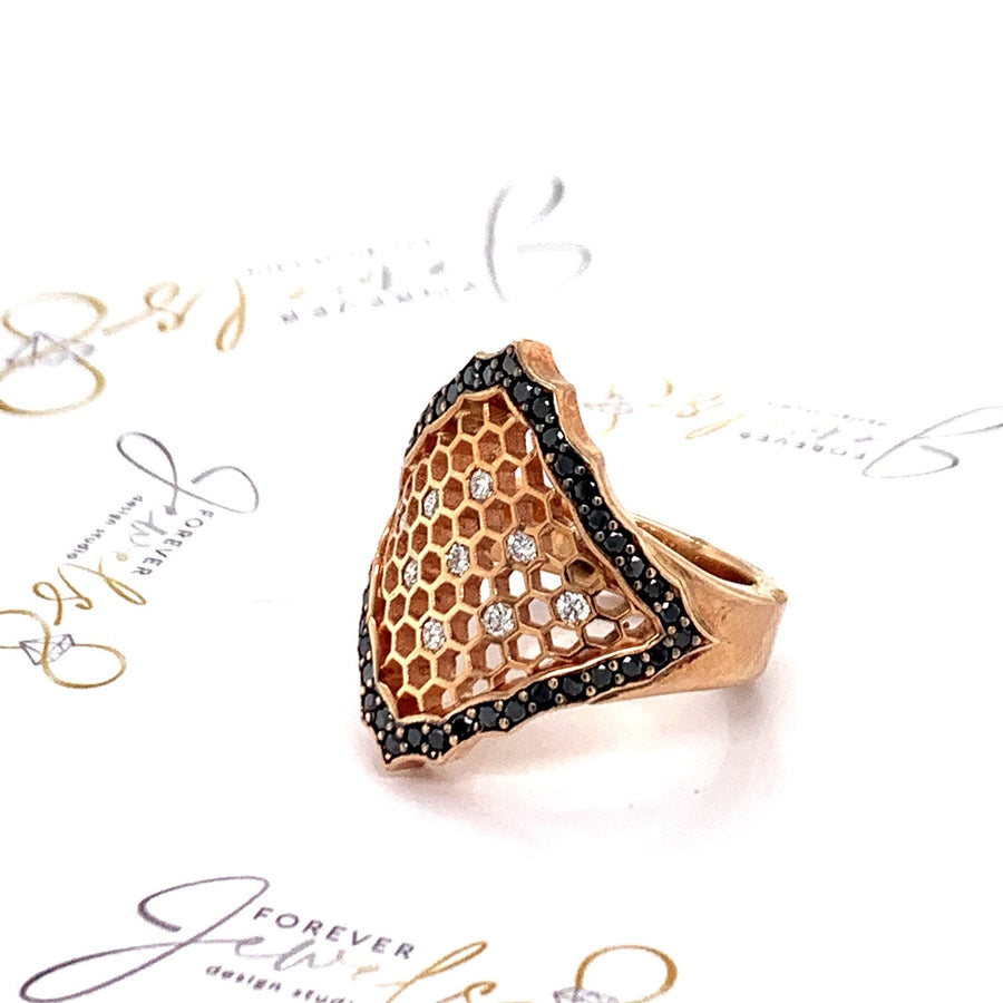 Rose Gold Honeycomb Black and White Diamond Dress Ring - ForeverJewels Design Studio 8