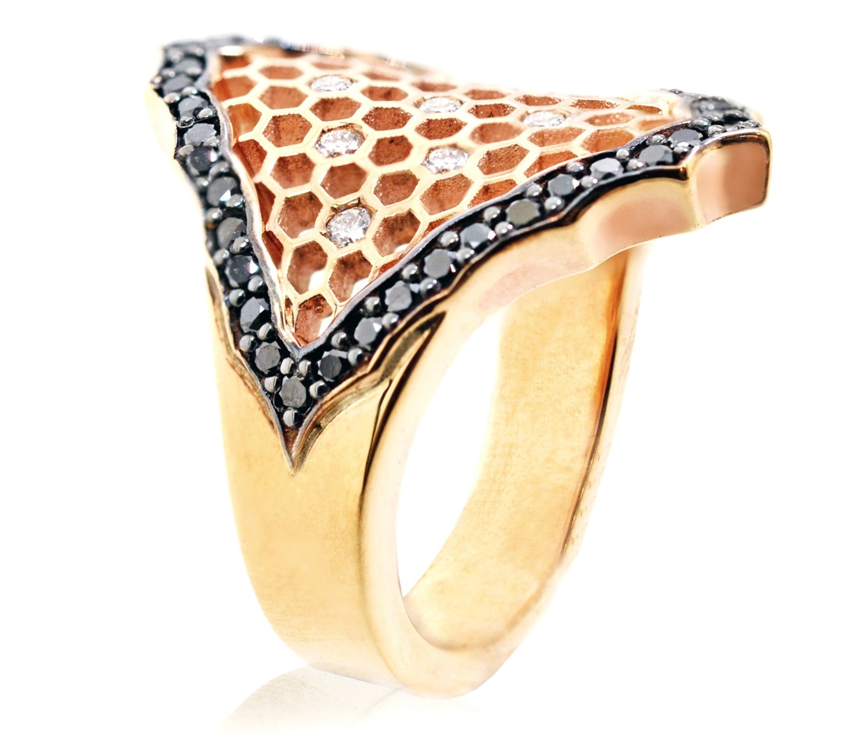 Rose Gold Honeycomb Black and White Diamond Dress Ring - ForeverJewels Design Studio 8