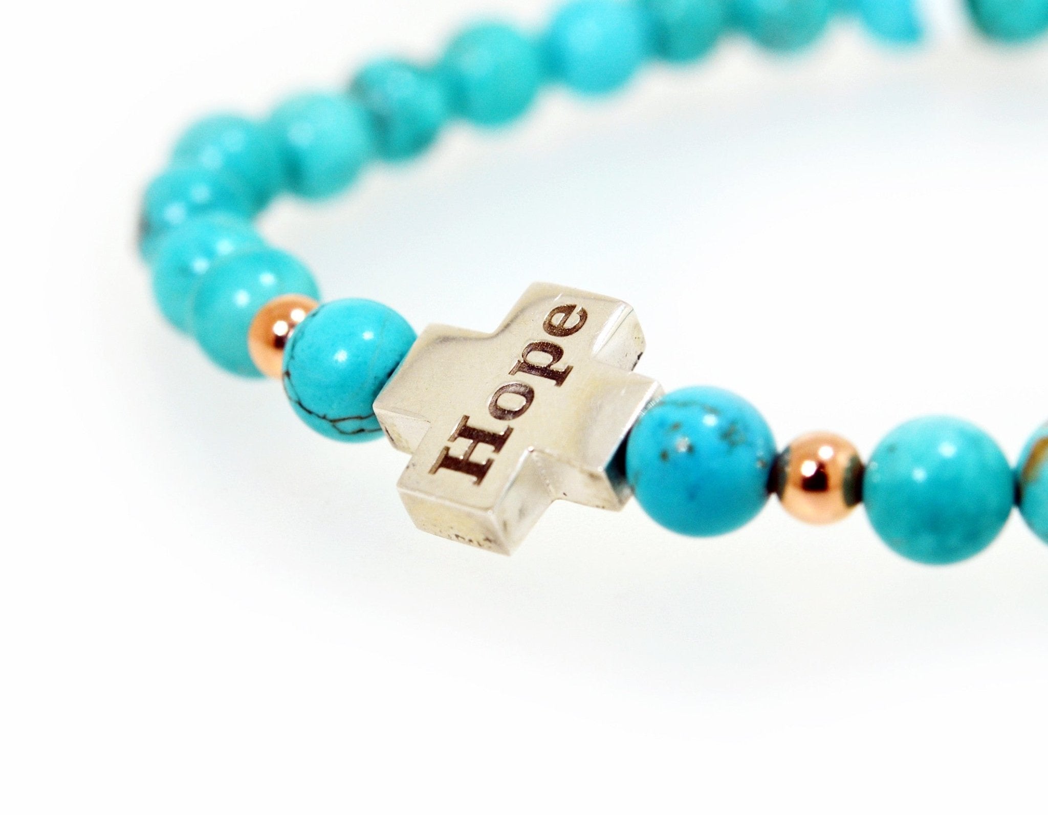 Turquoise beaded bracelet with sterling silver cross and engraved hope - ForeverJewels Design Studio 8