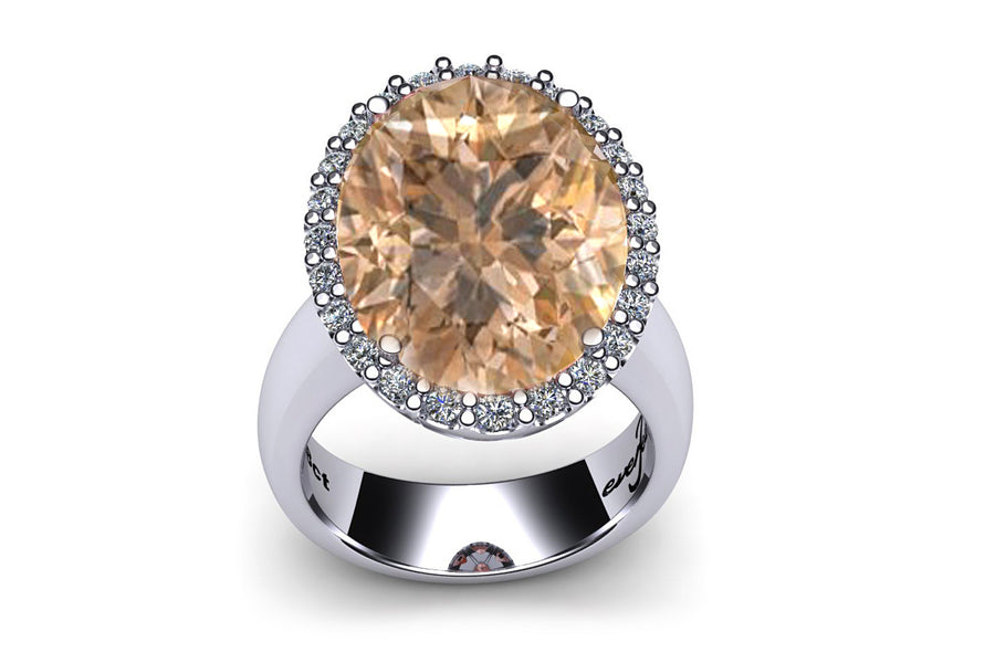 18ct White Gold Oval Morganite Ring with a Halo of Diamonds