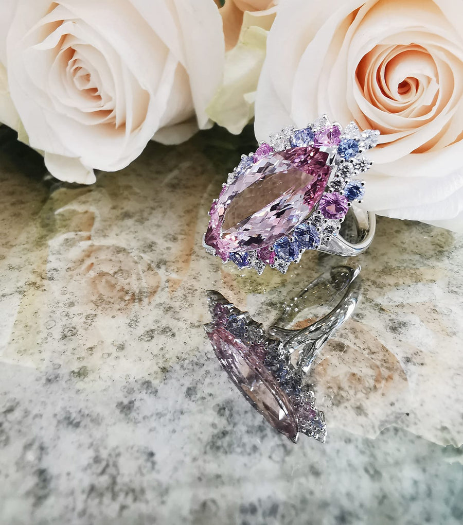 Marquise Morganite Ring with Sapphires and Diamonds