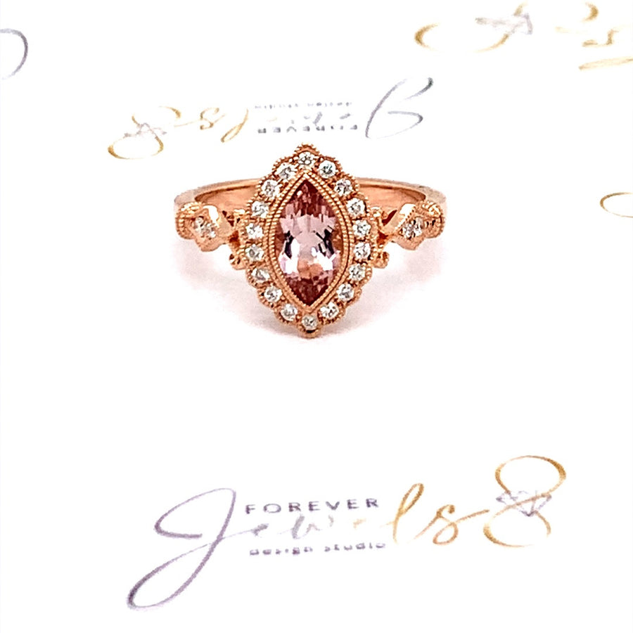 Marquise  Morganite Engagement  Diamond Halo Ring