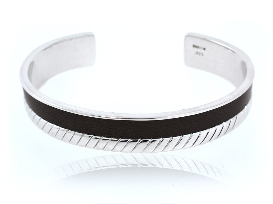 Men's Hoxton Bracelet in Sterling Silver and Black Leather