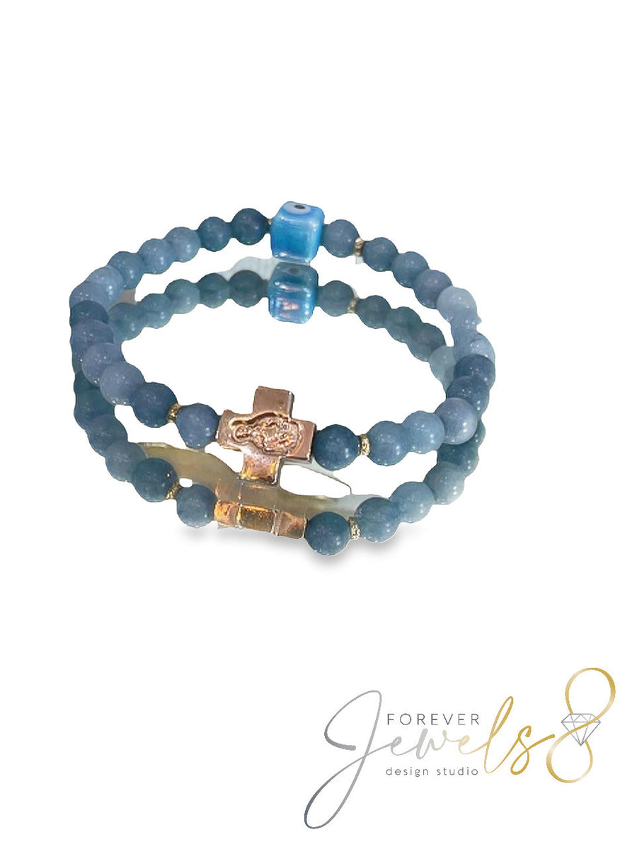 Aquamarine & Rose Gold Cross Bead Bracelet