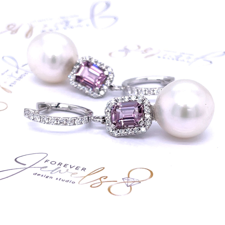 Pink Spinel and South Sea Pearls Diamond Earrings