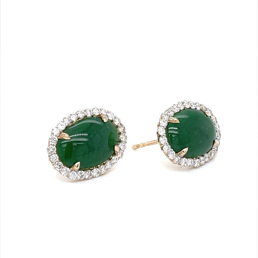 Green  Jadeite Jade Earrings Studs & Diamond Halo