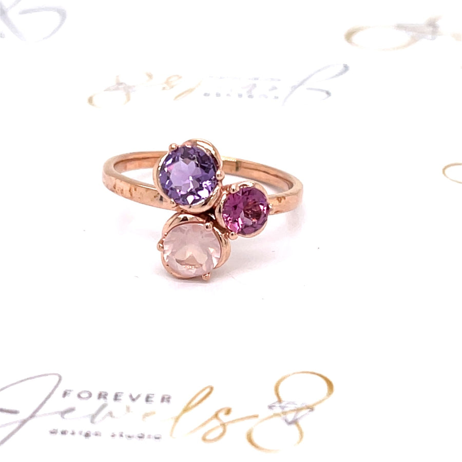 Amethyst , Pink Rhodolite and Rose Quartz Ladies Ring