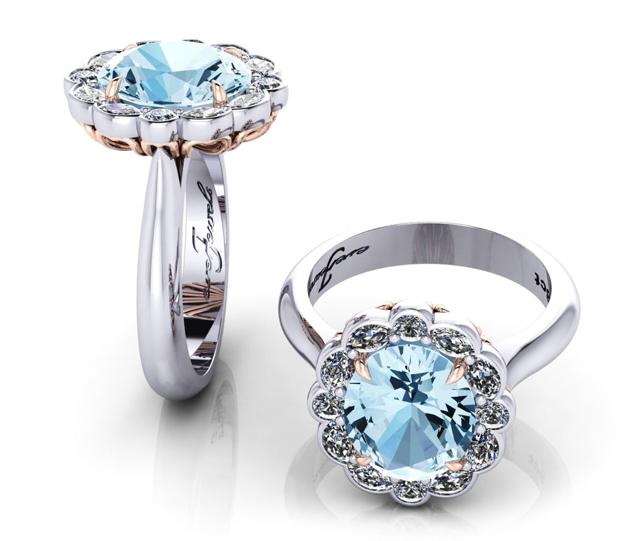 18ct White gold oval aquamarine diamond halo ring