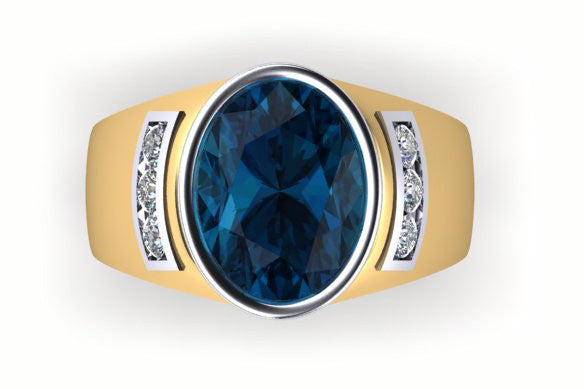 18ct Deep blue oval sapphire bezel set ring with diamonds