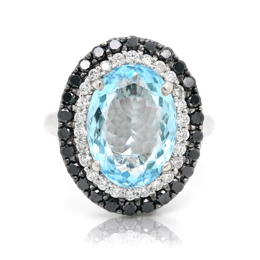 18ct Oval Aquamarine Halo Black & White Diamond Ring