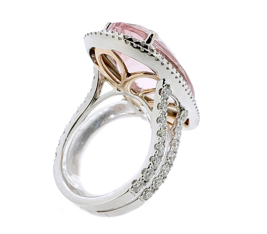 Pink Pear Cut Morganite Ring with a Double Diamond Halo
