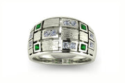 18ct white gold princess cut diamonds and emeralds flush set ring