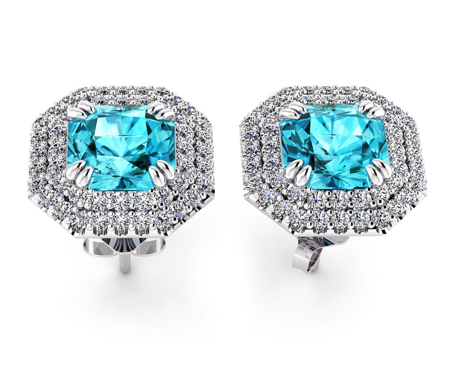 18ct White gold double diamond halo blue zircon stud earrings