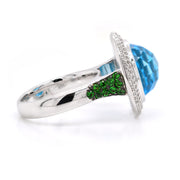 18ct Blue Topaz and Diamond Dress Ring with green tsavorites