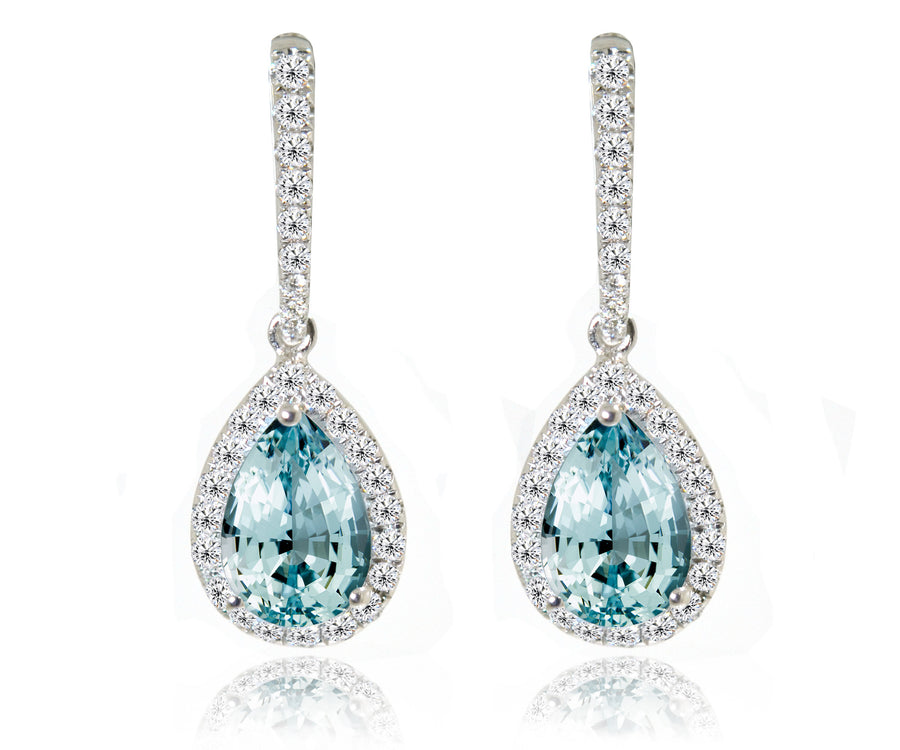 18ct White gold pear cut aquamarine diamond halo earrings