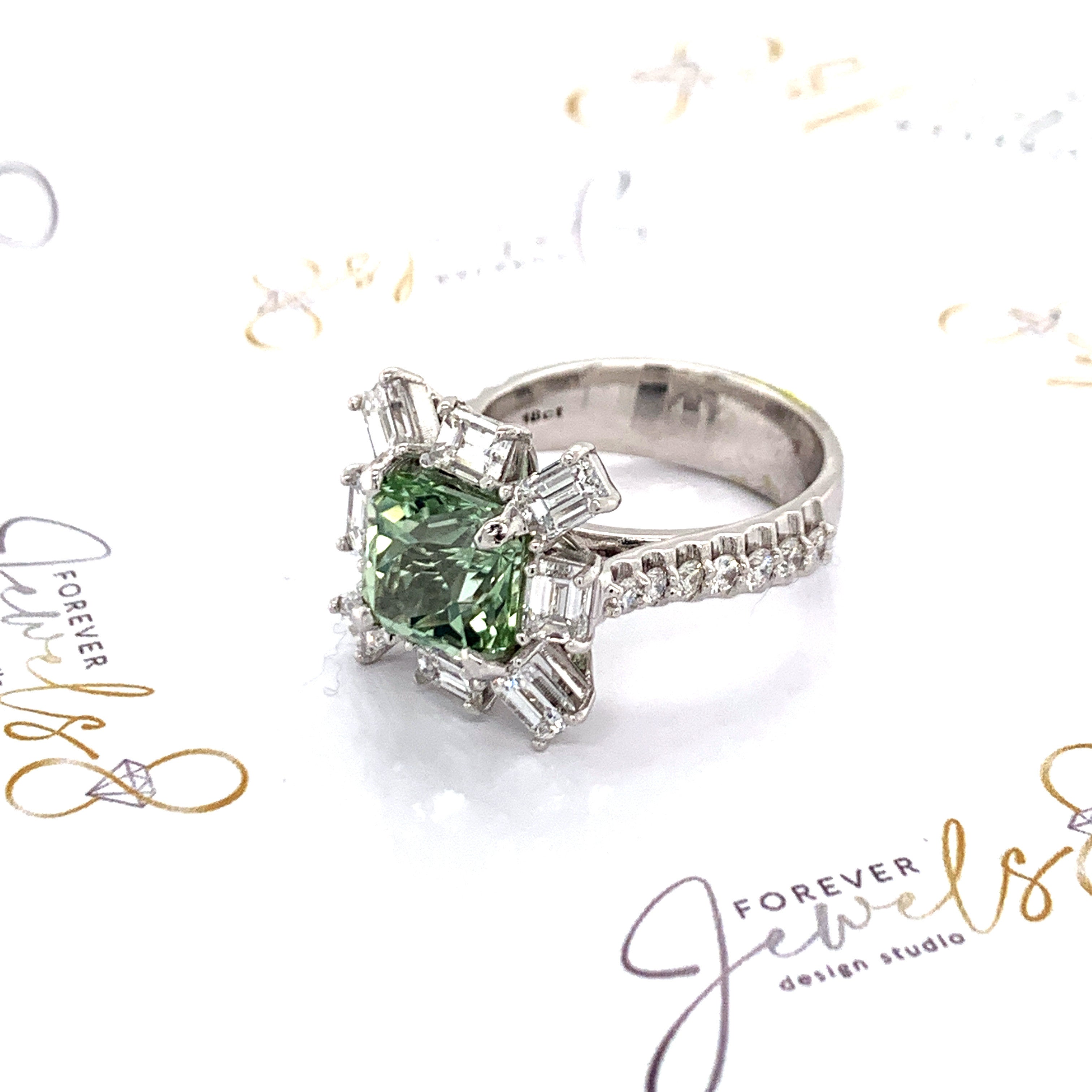 Mint Green Tourmaline Dress Ring With Baguette Diamonds