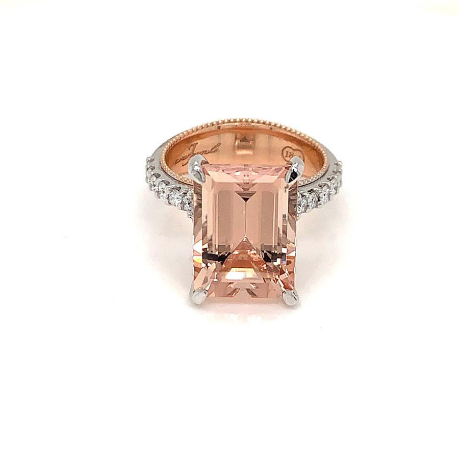 Emerald Cut Peach Morganite & Diamond Ring