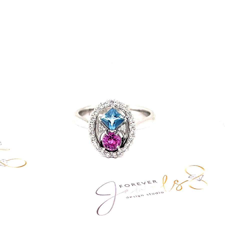 Aquamarine and Pink Sapphire Diamond Halo Ring