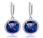 Cushion Tanzanite Drop Earrings with Diamonds in White Gold