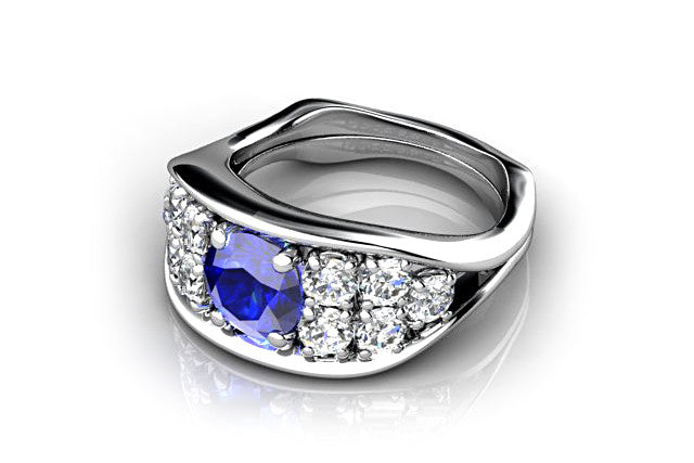 18ct White gold pod ring with a round tanzanite and diamonds